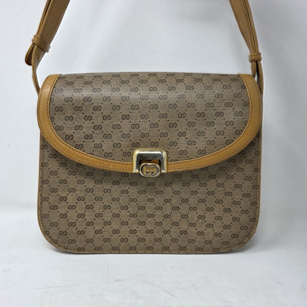 Vintage Gucci Micro GG Crossbody Bag 1970s Tan Canvas Italy Brass Lock Brown - Picture 2 of 16